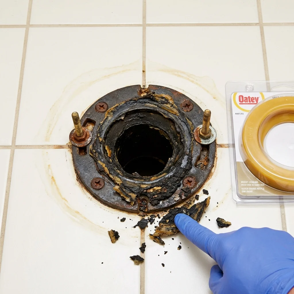 Failed wax ring showing water seepage at the base of a toilet in a Lebanon, ME home