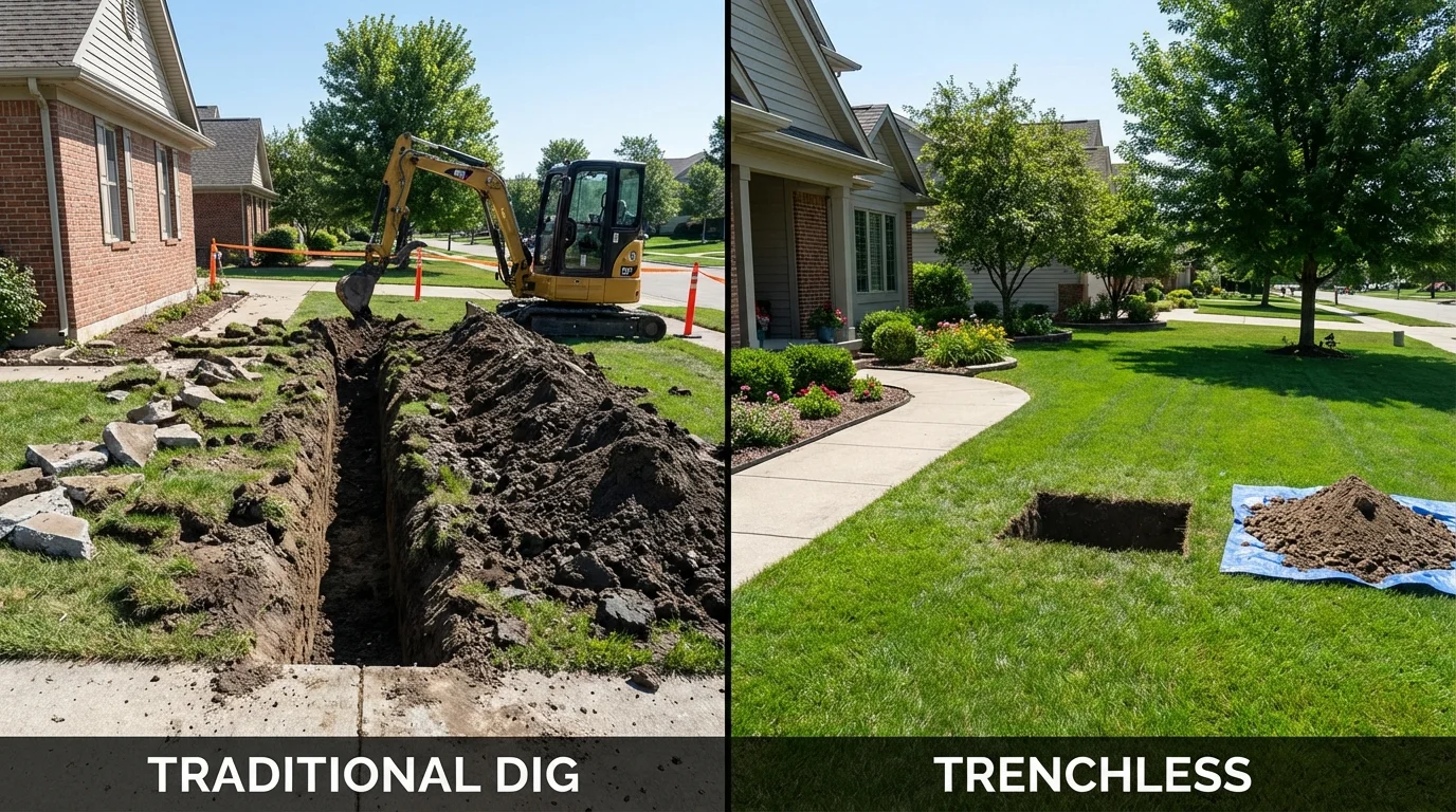 Trenchless sewer repair with minimal yard damage versus traditional excavation in Lebanon, ME