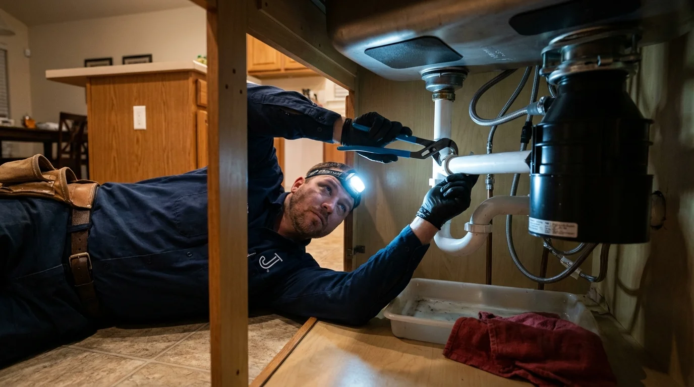 P-trap and supply line connections under a kitchen sink showing a common leak point in Lebanon, ME